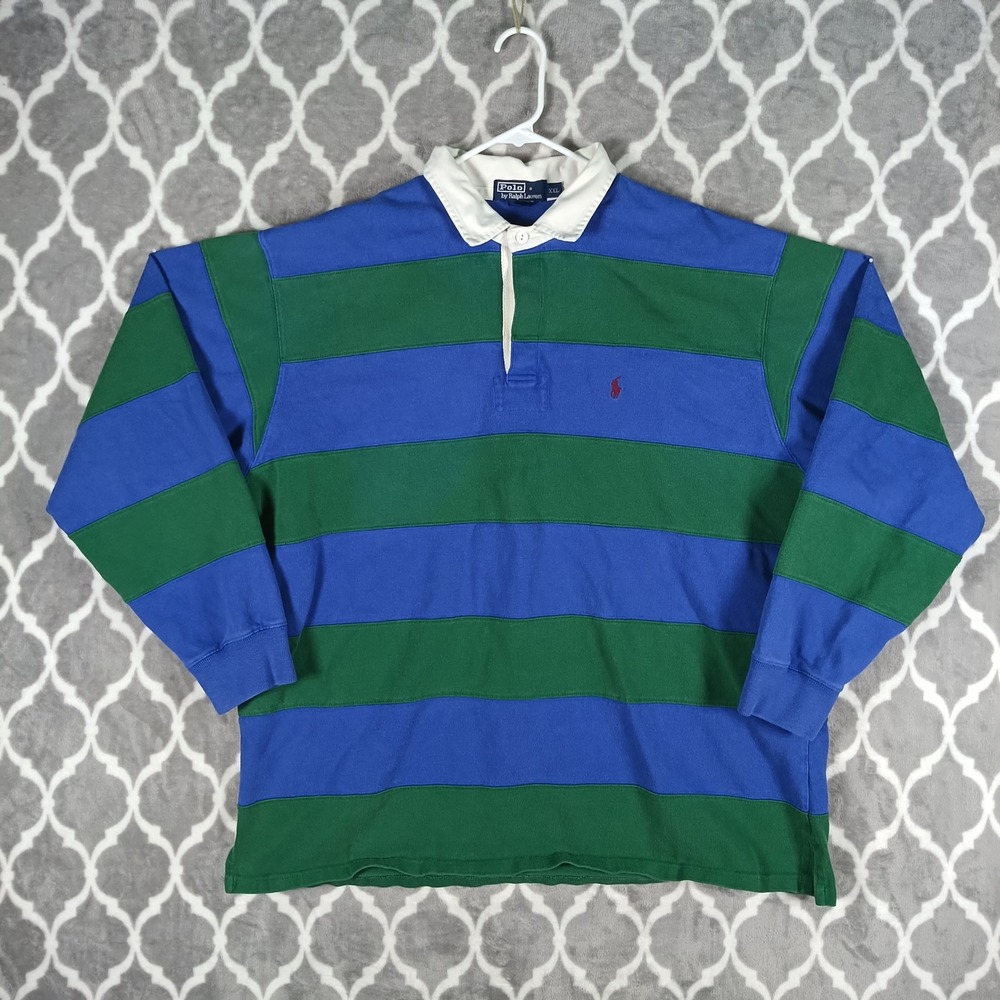 Polo Ralph Lauren Rugby Shirt Mens 2XL Blue Green Stripe Cotton Preppy Vintage